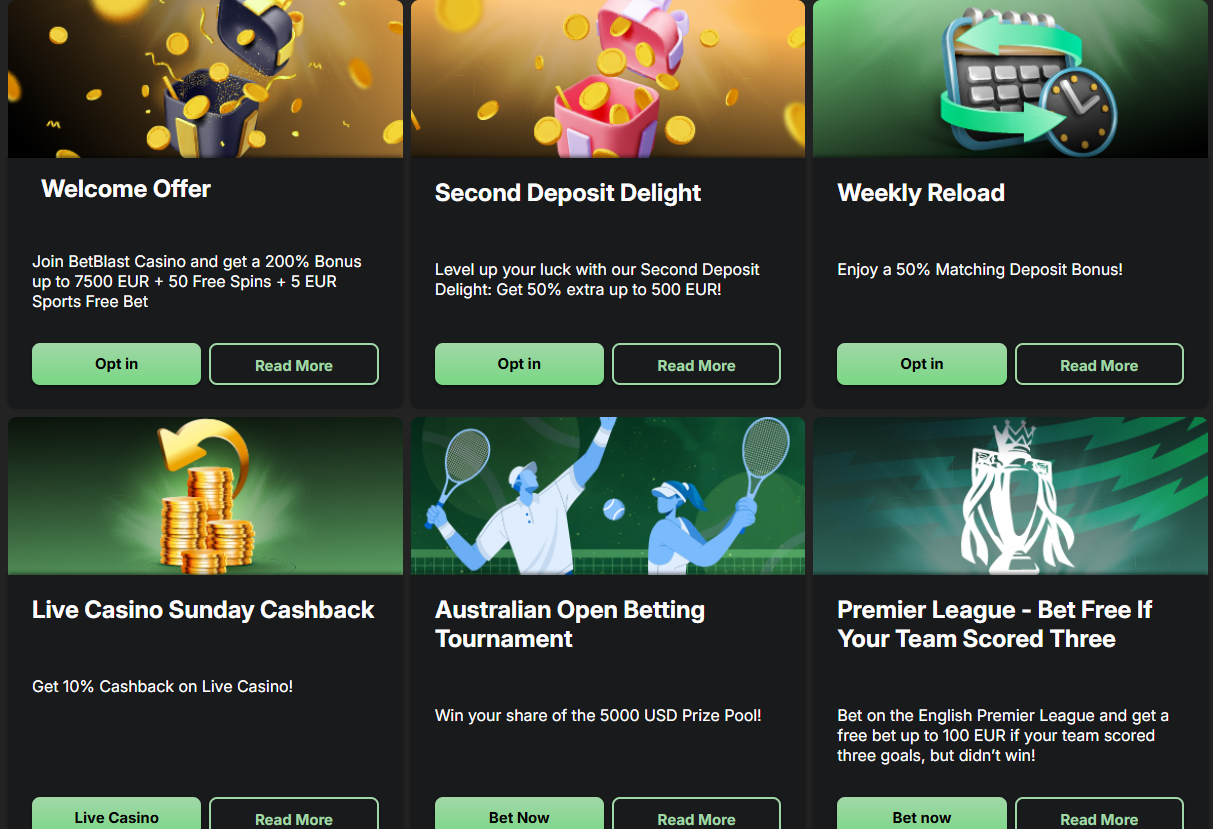 Promotions Page of BetBlast Casino, showcasing bonuses and their rules