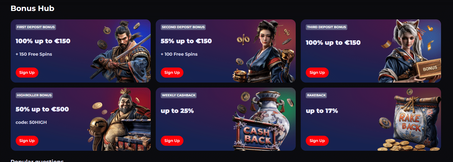 Promotion Page on KatanaSpin casino, showcasing it's welcome bonuses and loyalty rewards