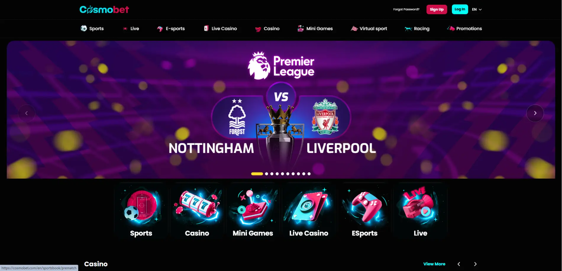 Cosmobet Casino home page screen photo