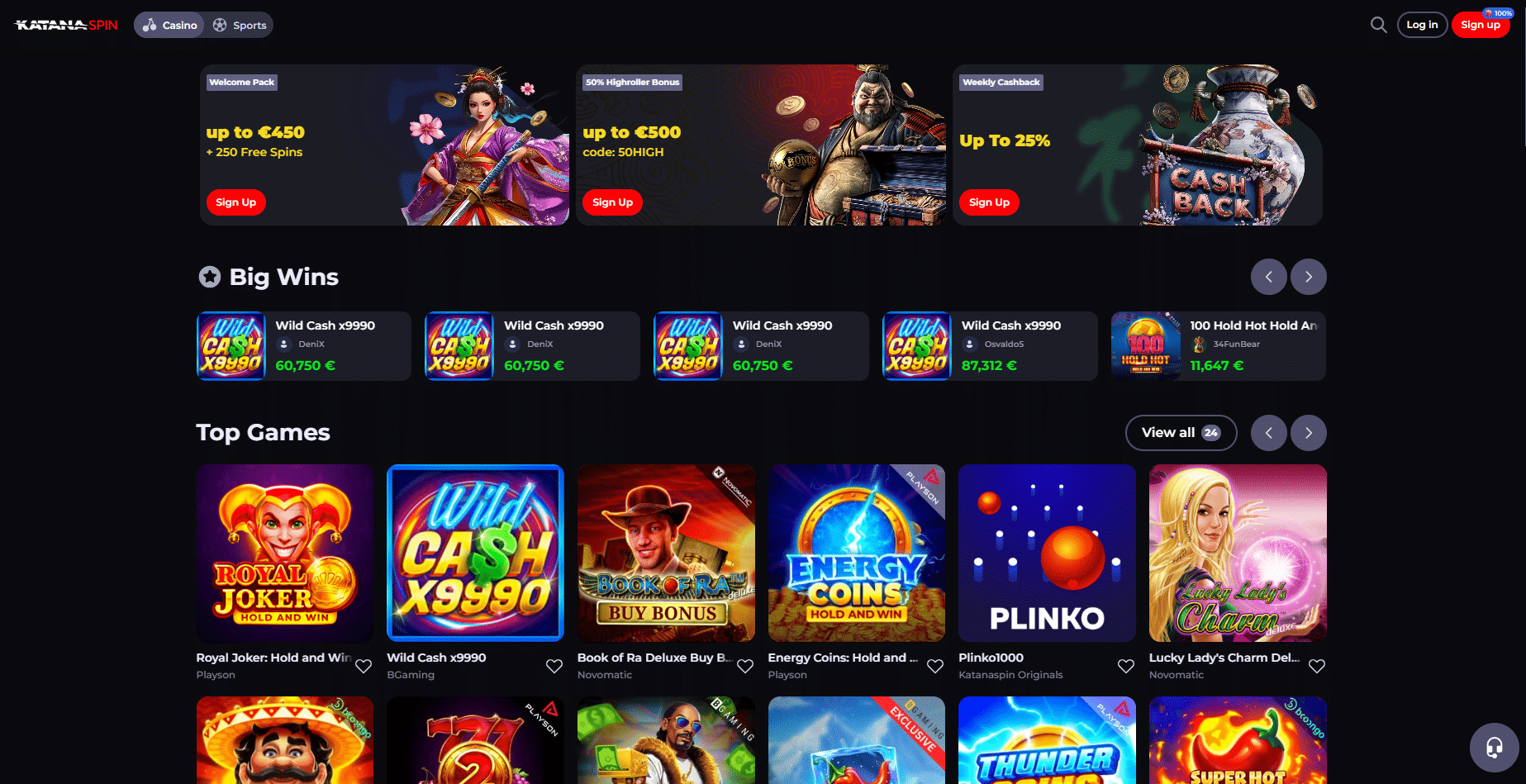 Homepage of KatanaSpin, a non Gamstop Casino