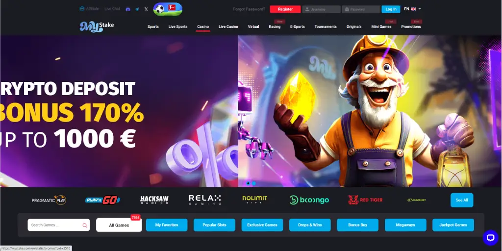 Mystake Casino Home page screen photo