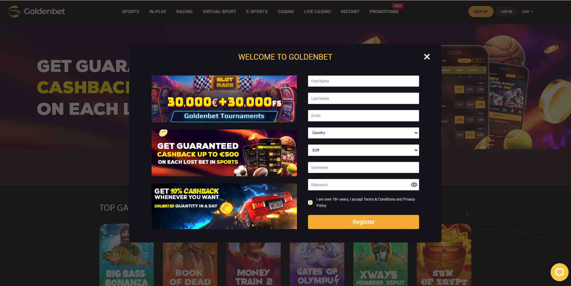 Signup pop up at goldenbet casino