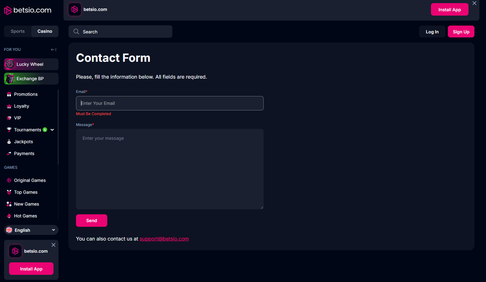 E-mail Support interface on Betsio Casino customer support section