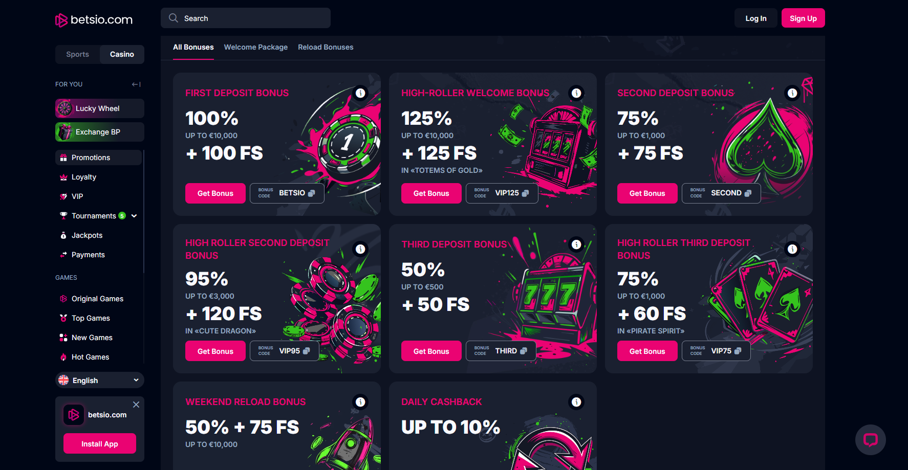 Betsio Casino promotions page highlighting multi-tiered deposit bonuses and free spins