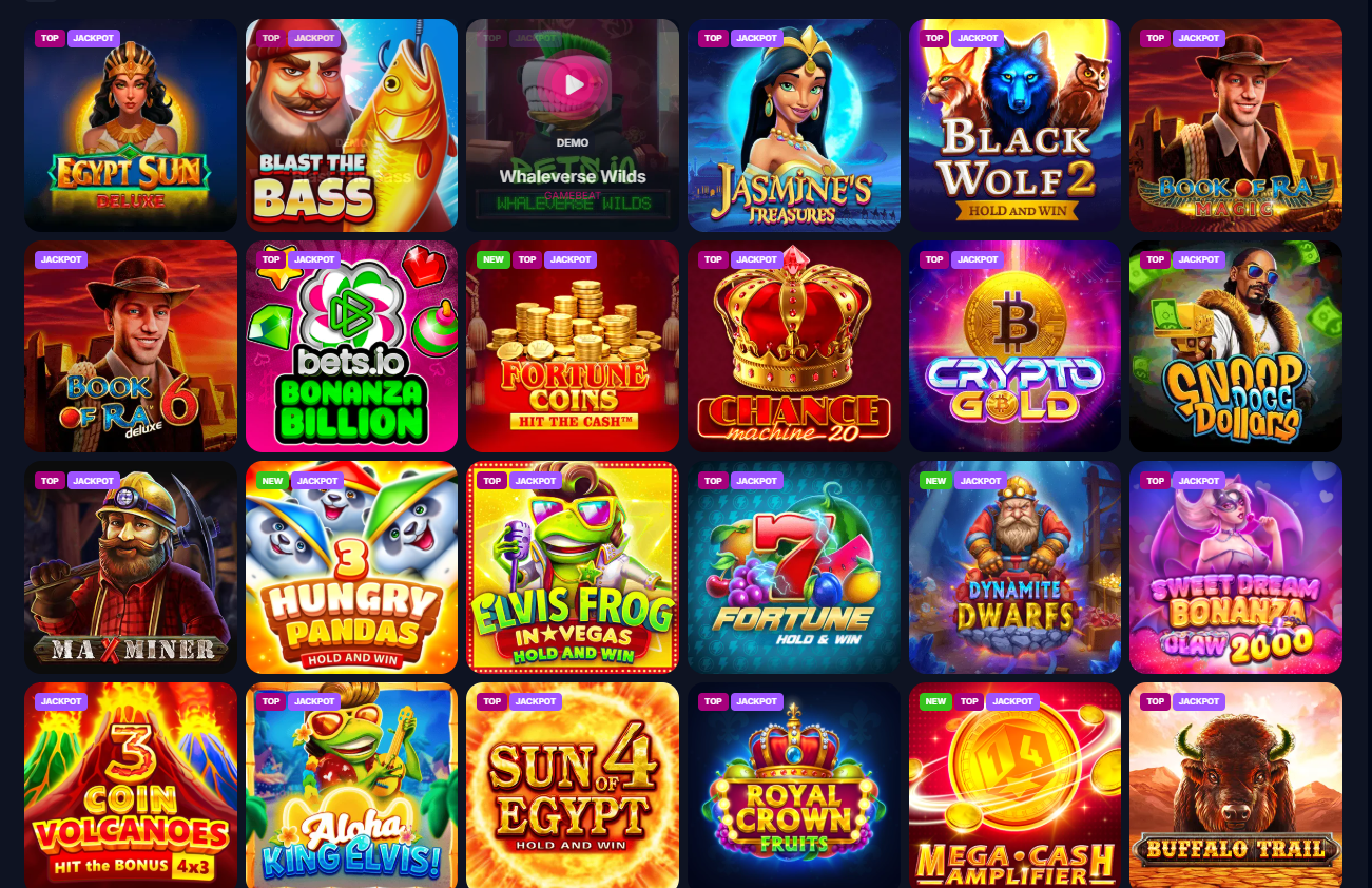 Slot games selection on Betsio Casino including titles from Pragmatic Play and BGaming